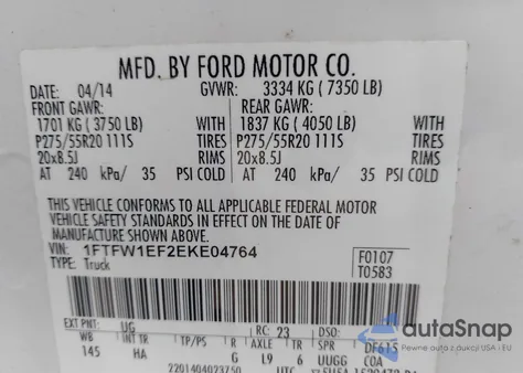 2014 Ford F-150 Lariat из США, поврежденный, VIN 1FTFW1EF2EKE04764